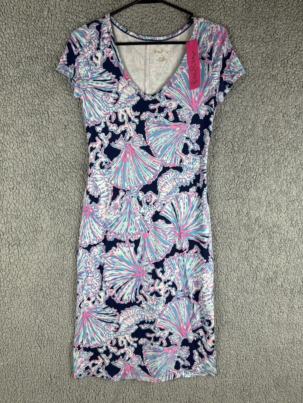 NEW Lilly Pulitzer MALIN MIDI DRESS Deep Sea Navy Shells Bells Blue White XS